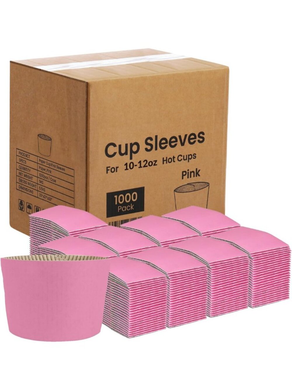 1000 Pack Disposable Coffee Cup Sleeves for 10oz & 12oz Hot Drinks - Pink